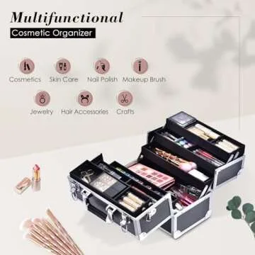 FRENESSA Makeup Train Case Large Cosmetic Box 6 Tier Trays with Compartments Professional Makeup Box Jewelry Storage Organizer Case Adjustable Bottom with Shoulder Strap - Black