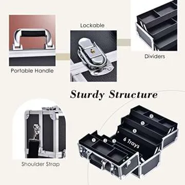 FRENESSA Makeup Train Case Large Cosmetic Box 6 Tier Trays with Compartments Professional Makeup Box Jewelry Storage Organizer Case Adjustable Bottom with Shoulder Strap - Black