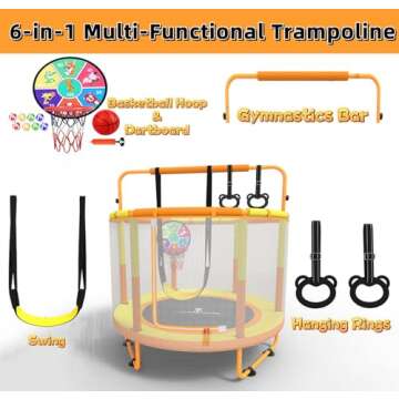 LANGXUN 60" Trampoline for Kids, 5ft Toddler Mini 6-in-1 Trampoline Indoor Outdoor with Swing, Baske...