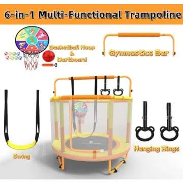 LANGXUN 60" Trampoline for Kids, 5ft Toddler Mini 6-in-1 Trampoline Indoor Outdoor with Swing, Baske...