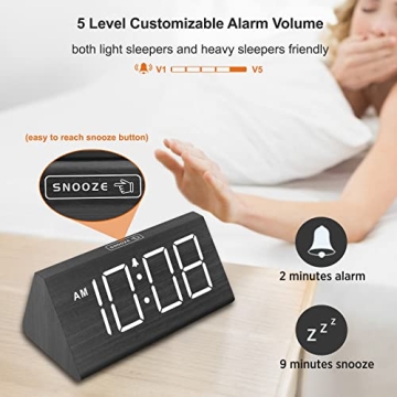 Wooden Digital Alarm Clock with USB Port & Snooze