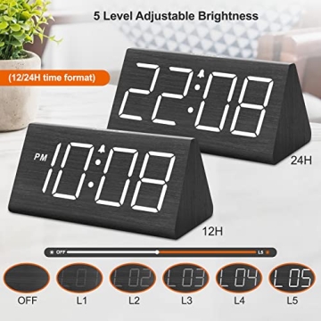 Wooden Digital Alarm Clock with USB Port & Snooze