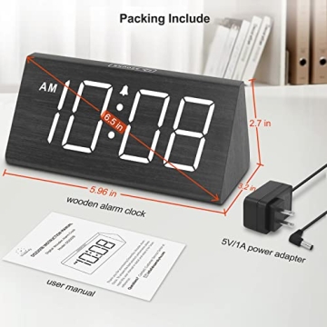 Wooden Digital Alarm Clock with USB Port & Snooze