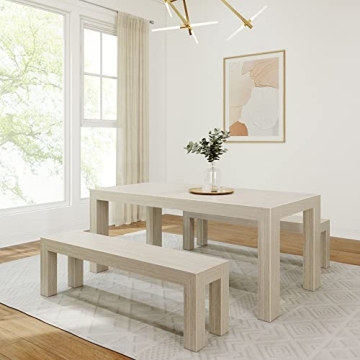 Plank+Beam Modern Wood Dining Table Set, Solid Wood Dining Table with 2 Benches for Dining Room/Kitc...