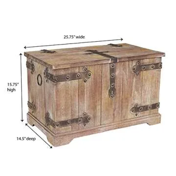 Household Essentials Decorative Trunk, Victorian Style, Aged-Wood Finish and Metal Accents, with Fully Opening Lid and Ring Handles