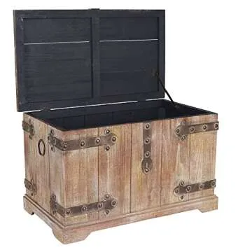 Household Essentials Decorative Trunk, Victorian Style, Aged-Wood Finish and Metal Accents, with Fully Opening Lid and Ring Handles