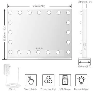 DEXHOM 22.8X18.5 Vanity Mirror with Makeup Lights, Lighted Mirror with USB & Type-C Charing, Large Hollywood Light up Mirrors w/ 20 LED Bulbs for Bedroom Tabletop & Wall Mounted (White)