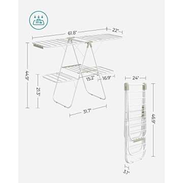 SONGMICS Clothes Drying Rack, Foldable 2-Level Laundry Drying Rack, Free-Standing Large Drying Rack, with Height-Adjustable Wings, 33 Drying Rails, Sock Clips, White and Green ULLR053C01