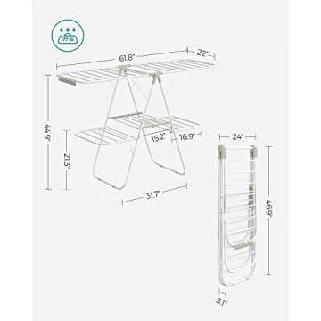 SONGMICS Clothes Drying Rack, Foldable 2-Level Laundry Drying Rack, Free-Standing Large Drying Rack, with Height-Adjustable Wings, 33 Drying Rails, Sock Clips, White and Green ULLR053C01