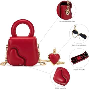 LA FESTIN Small Leather Heart Purse For Women With Removable Shoulder Chain Strap- - Designer Evening Bag With Heart Shape Mirror Heart Shaped Crossbody Purse For Wedding Cocktail Prom Club-Red