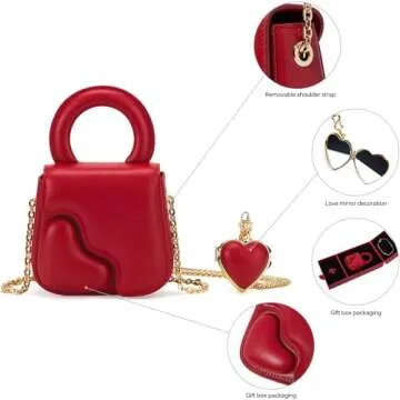 LA FESTIN Small Leather Heart Purse For Women With Removable Shoulder Chain Strap- - Designer Evening Bag With Heart Shape Mirror Heart Shaped Crossbody Purse For Wedding Cocktail Prom Club-Red