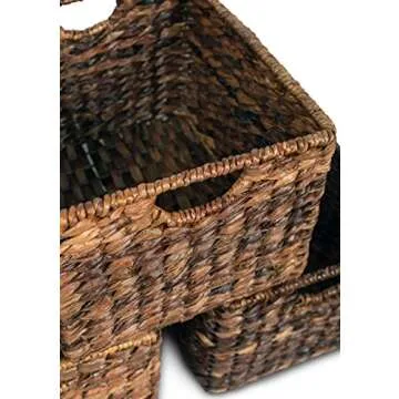 BIRDROCK HOME Woven Storage Shelf Organizer Baskets with Handles - Set of 3 - Abaca Wicker Basket - Pantry Living Room Office Bathroom Shelves Organization - Under Shelf Basket - Handwoven (Espresso)