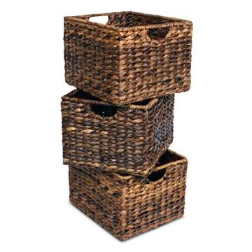 BIRDROCK HOME Woven Storage Shelf Organizer Baskets with Handles - Set of 3 - Abaca Wicker Basket - Pantry Living Room Office Bathroom Shelves Organization - Under Shelf Basket - Handwoven (Espresso)