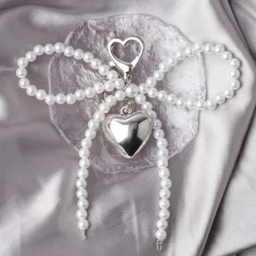 Bow Keychain Accessories Silver Heart Pendant Pearl Bow Key Chain Phone Charm Sweet Bow Cute Keychains for Women Bag Charms Key Rings for Car Keys Bow Charms Key Chains Bowknot Key Ring Girl Key Rings