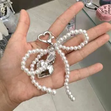 Bow Keychain Accessories Silver Heart Pendant Pearl Bow Key Chain Phone Charm Sweet Bow Cute Keychains for Women Bag Charms Key Rings for Car Keys Bow Charms Key Chains Bowknot Key Ring Girl Key Rings