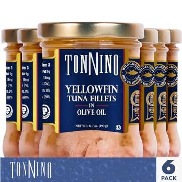 Tonnino Yellowfin Tuna in Olive Oil, Gluten-Free Premium Jarred Atun, Healthy Snacks for Adults, Ready to Eat Meals, Alternative of Salmon, Pack of 6