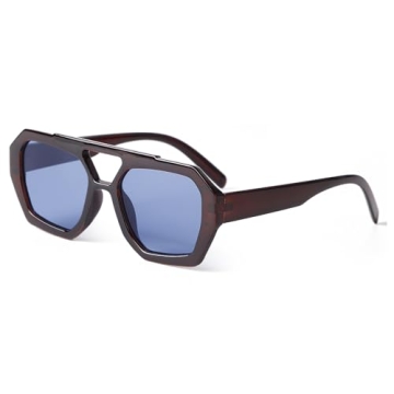 ADE WU Trendy Square Aviator Sunglasses for Women - Burgundy Frame & Blue Tinted Lenses