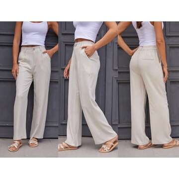 heipeiwa Women's Cotton Linen Summer Casual High Waist Wide Leg Dressy Flowy Pants