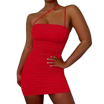 Mizoci Women's Sexy Sleeveless Ruched Spaghetti Strap Bodycon Mini Dress - Red