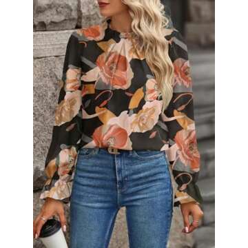 Spriolim Boho Floral Top for Women Fashion Long Sleeve Shirt Casual Crew Neck Blouse Boho Floral, Small