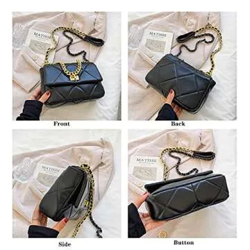 Small Quilted Purse Crossbody Bags for Women Leather Shoulder Bag Trendy Designer Handbag Black and Gold Chain Purses Chain
