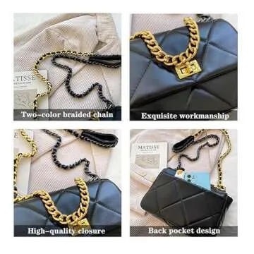 Small Quilted Purse Crossbody Bags for Women Leather Shoulder Bag Trendy Designer Handbag Black and Gold Chain Purses Chain