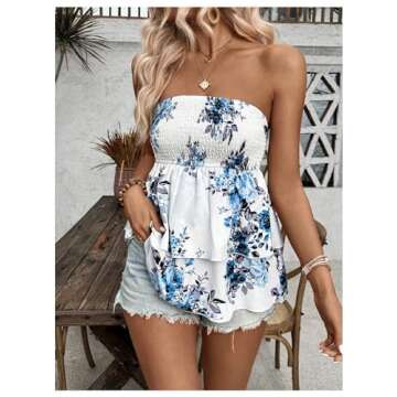 SHENHE Women's Floral Print Strapless Smocked Tube Tiered Ruffle Hem Flowy Boho Tube Top Blue and White Medium