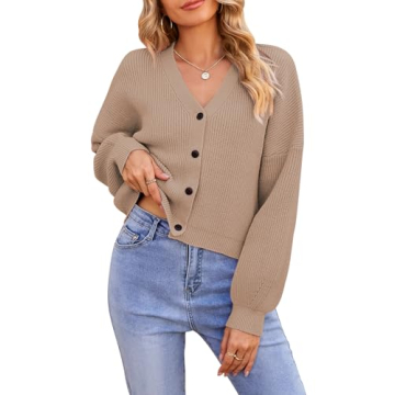 Pink Queen Women's Button Long Sleeve V Neck Ribbed Knit Lightweight Crop Sweater Cardigan Tops Open...