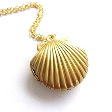 MosBug Sea Shell Locket, Mermaid Valentine Necklace, Beach Locket, Gold Tone Brass, Little Shell Loc...