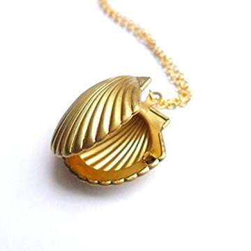 MosBug Sea Shell Locket, Mermaid Valentine Necklace, Beach Locket, Gold Tone Brass, Little Shell Locket, Nautical Jewelry