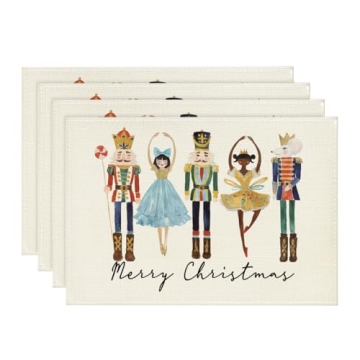 Artoid Mode Watercolor Nutcrackers Xmas Balls Merry Christmas Placemats Set of 4, 12x18 Inch Seasona...