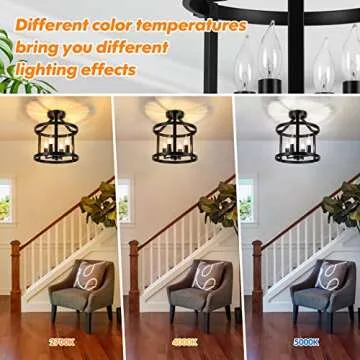 4-Light Farmhouse Metal Semi Flush Mount Ceiling Light Fixture, Industrial Vintage Matte Black E12 Candle Ceiling Lamp, Rustic Chandeliers for Living Room Bedroom Dining Room Entryway Hallway Kitchen