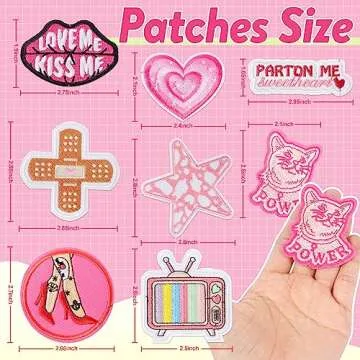 NICEVINYL Embroidered Preppy Iron on Patches: 35PCS Pink Embroidery Sew on Applique Patch for Clothing