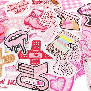 NICEVINYL Embroidered Preppy Iron on Patches: 35PCS Pink Embroidery Sew on Applique Patch for Clothing