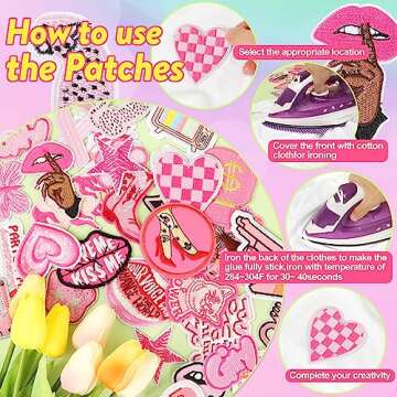 NICEVINYL Embroidered Preppy Iron on Patches: 35PCS Pink Embroidery Sew on Applique Patch for Clothing