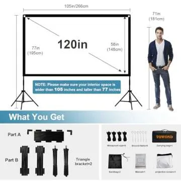 Projector Screen and Stand, Towond 120 inch Portable Movie Screen Indoor Outdoor 16:9 4K HD Front Re...
