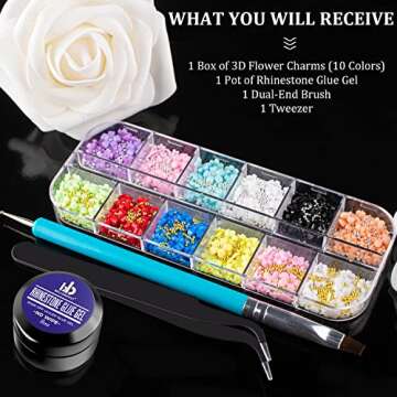 3D Flowers for Nails Art Colorful Charms Set #1 with Caviar Beads, Blossom Rhinestones Crystal Kit Pearls Acrylic Studs DIY Design Manicure Accessories for Women Girls Decoration