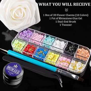 3D Flowers for Nails Art Colorful Charms Set #1 with Caviar Beads, Blossom Rhinestones Crystal Kit Pearls Acrylic Studs DIY Design Manicure Accessories for Women Girls Decoration
