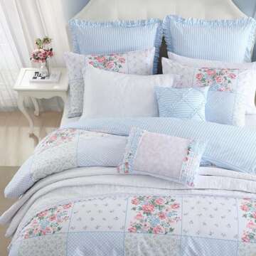 Laura Ashley - Duvet Set, Super Soft & Cozy Bedding, Includes Matching Shams & Bonus Throw Pillow Covers, Luxurious Home Decor (Hope Patchwork Blue, Twin)