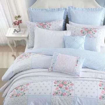 Laura Ashley - Duvet Set, Super Soft & Cozy Bedding, Includes Matching Shams & Bonus Throw Pillow Covers, Luxurious Home Decor (Hope Patchwork Blue, Twin)