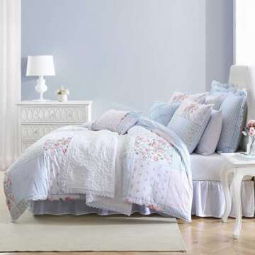 Laura Ashley - Duvet Set, Super Soft & Cozy Bedding, Includes Matching Shams & Bonus Throw Pillow Covers, Luxurious Home Decor (Hope Patchwork Blue, Twin)