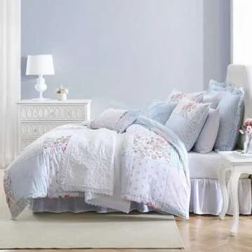 Laura Ashley - Duvet Set, Super Soft & Cozy Bedding, Includes Matching Shams & Bonus Throw Pillow Covers, Luxurious Home Decor (Hope Patchwork Blue, Twin)
