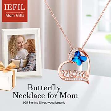 Iefil Butterfly Crystal Necklaces for Mom - Butterfly Crystal Necklace, Rose Gold 925 Sterling Silver Heart Jewelry, Mom Gifts Ideas, Mother Birthday Gifts, Jewelry Gifts for Mom in Law