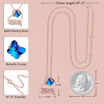 Iefil Butterfly Crystal Necklaces for Mom - Butterfly Crystal Necklace, Rose Gold 925 Sterling Silver Heart Jewelry, Mom Gifts Ideas, Mother Birthday Gifts, Jewelry Gifts for Mom in Law