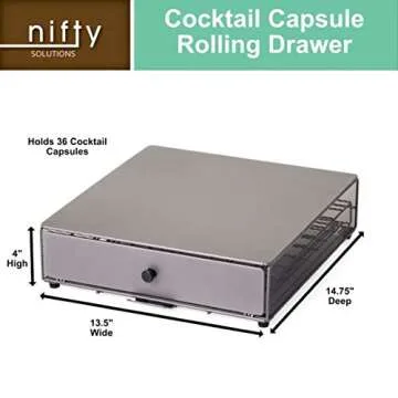 Nifty Cocktail Beverage Bartesian Capsule Drawer – Holds up to 36 Capsule Pods, Smooth Glide Rolling Drawer, Silver, Countertop Bar Organizer