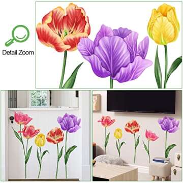 DTLIFEK 5 Large Tulip Flowers Wall Decals Garden Floral Wall Stickers Watercolor Colorful Tulips Green Plants Leaves Wall Art Vinyl DIY Removable Kids Girls Bedroom Living Room Nursery Home Decoration