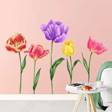 DTLIFEK 5 Large Tulip Flowers Wall Decals Garden Floral Wall Stickers Watercolor Colorful Tulips Green Plants Leaves Wall Art Vinyl DIY Removable Kids Girls Bedroom Living Room Nursery Home Decoration