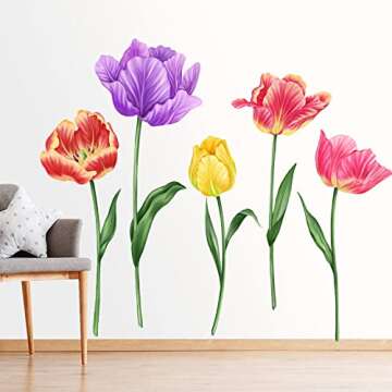DTLIFEK 5 Large Tulip Flowers Wall Decals Garden Floral Wall Stickers Watercolor Colorful Tulips Green Plants Leaves Wall Art Vinyl DIY Removable Kids Girls Bedroom Living Room Nursery Home Decoration