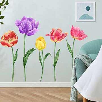 DTLIFEK 5 Large Tulip Flowers Wall Decals Garden Floral Wall Stickers Watercolor Colorful Tulips Green Plants Leaves Wall Art Vinyl DIY Removable Kids Girls Bedroom Living Room Nursery Home Decoration