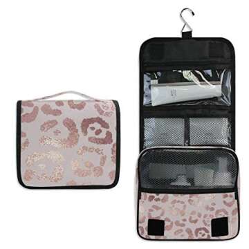 ALAZA Rose Gold Leopard Print Pink Travel Toiletry Bag Hanging Multifunction Cosmetic Case Portable Makeup Pouch Organizer with Hook